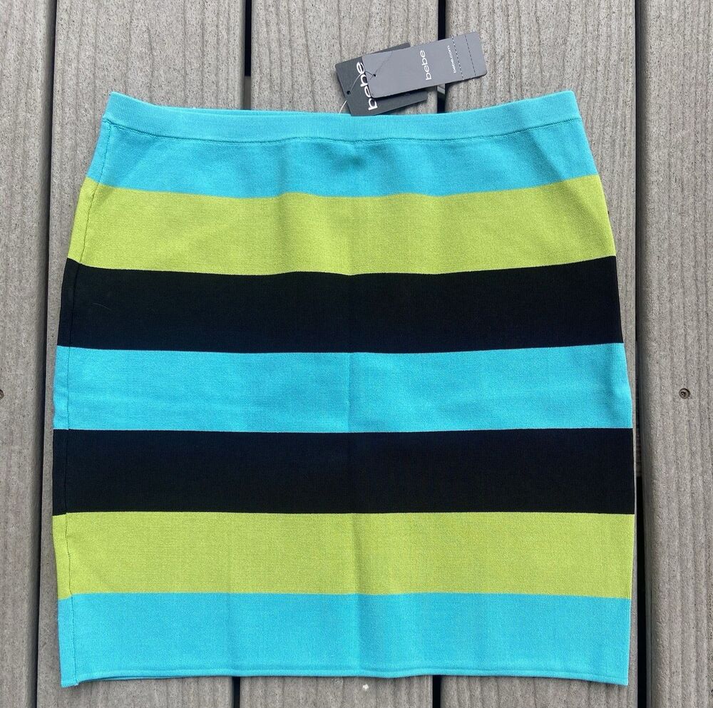 Bebe Womens L Colorblock Striped Bodycon Mini Skirt Turquoise Lime Black NWT
